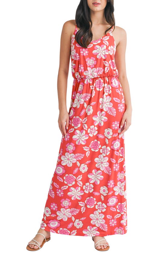 Lush Floral Knit Maxi Sundress In Red Fuschia