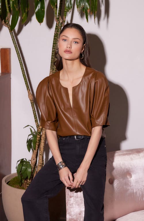Shop Fifteen Twenty Poof Faux Leather Puff Sleeve Top In Caramel