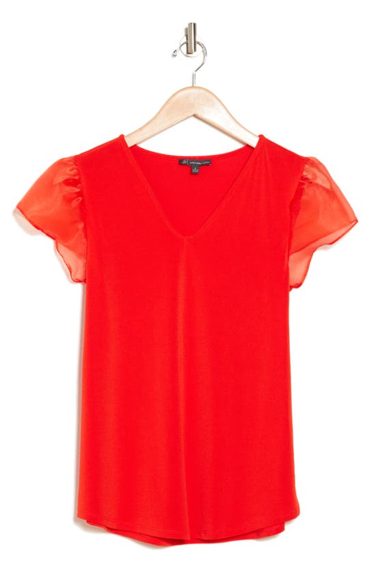 Adrianna Papell Organza Flutter Sleeve Top In Fiery Red