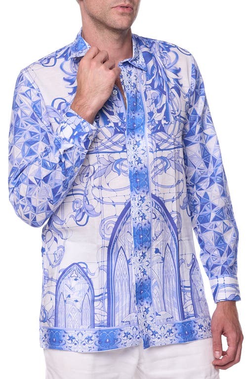 Shop Ranee's Ranees Trim Fit Print Linen & Cotton Blend Button-up Shirt In Blue