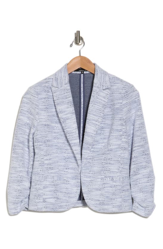 Amanda & Chelsea Scrunched 3/4 Sleeve Tweed Knit Blazer In Blue/ White