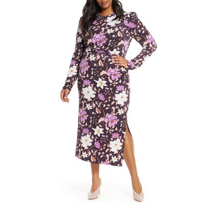 Plus Size Eliza J Floral Long Sleeve Midi Dress, Purple