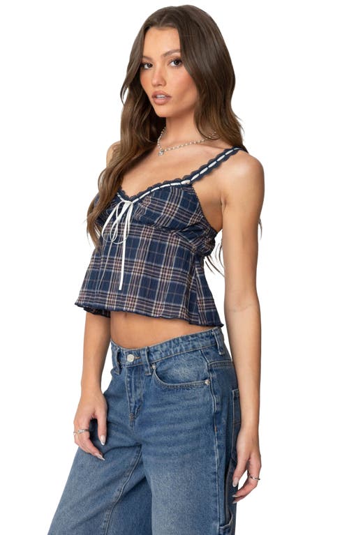 Edikted Plaid Lace Trim Crop Camisole In Navy