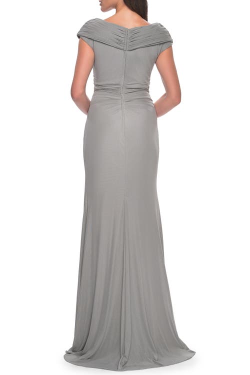 Shop La Femme Elegant Net Jersey Long Gown With Ruching In Silver