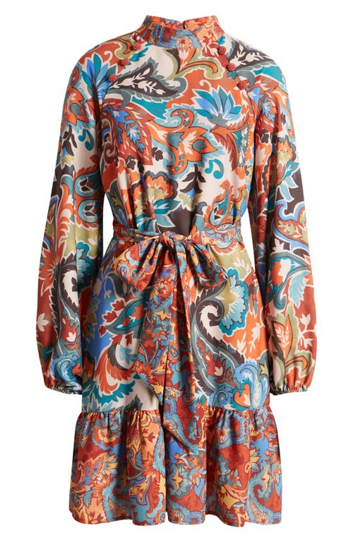 Shop Tahari Asl Twin Print Tie Belt Mock Neck Long Sleeve Dress In Brick Multi