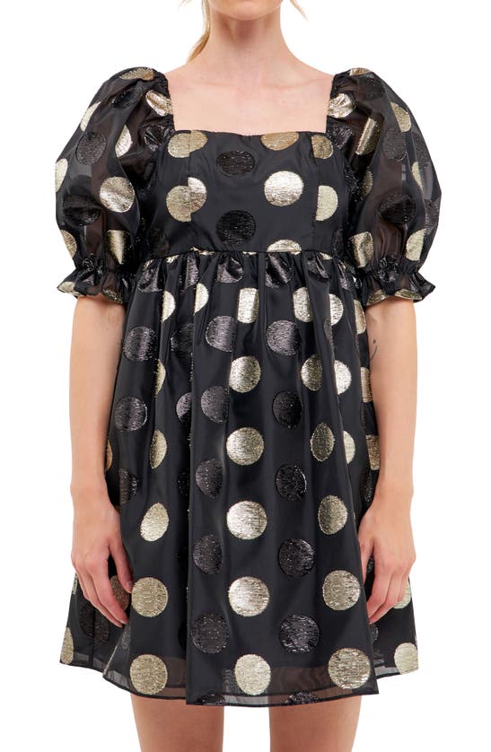 Shop English Factory Metallic Dot Puff Sleeve Organza Minidress In Black