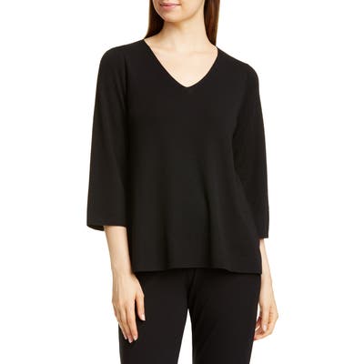 Petite Eileen Fisher V-Neck Merino Wool Top, Black