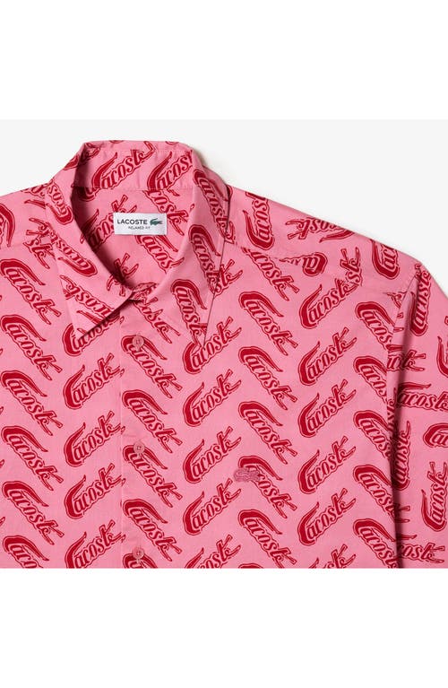 Shop Lacoste Relaxed Fit Logo Print Short Sleeve Button-up Shirt In Lighthouse Red/reseda