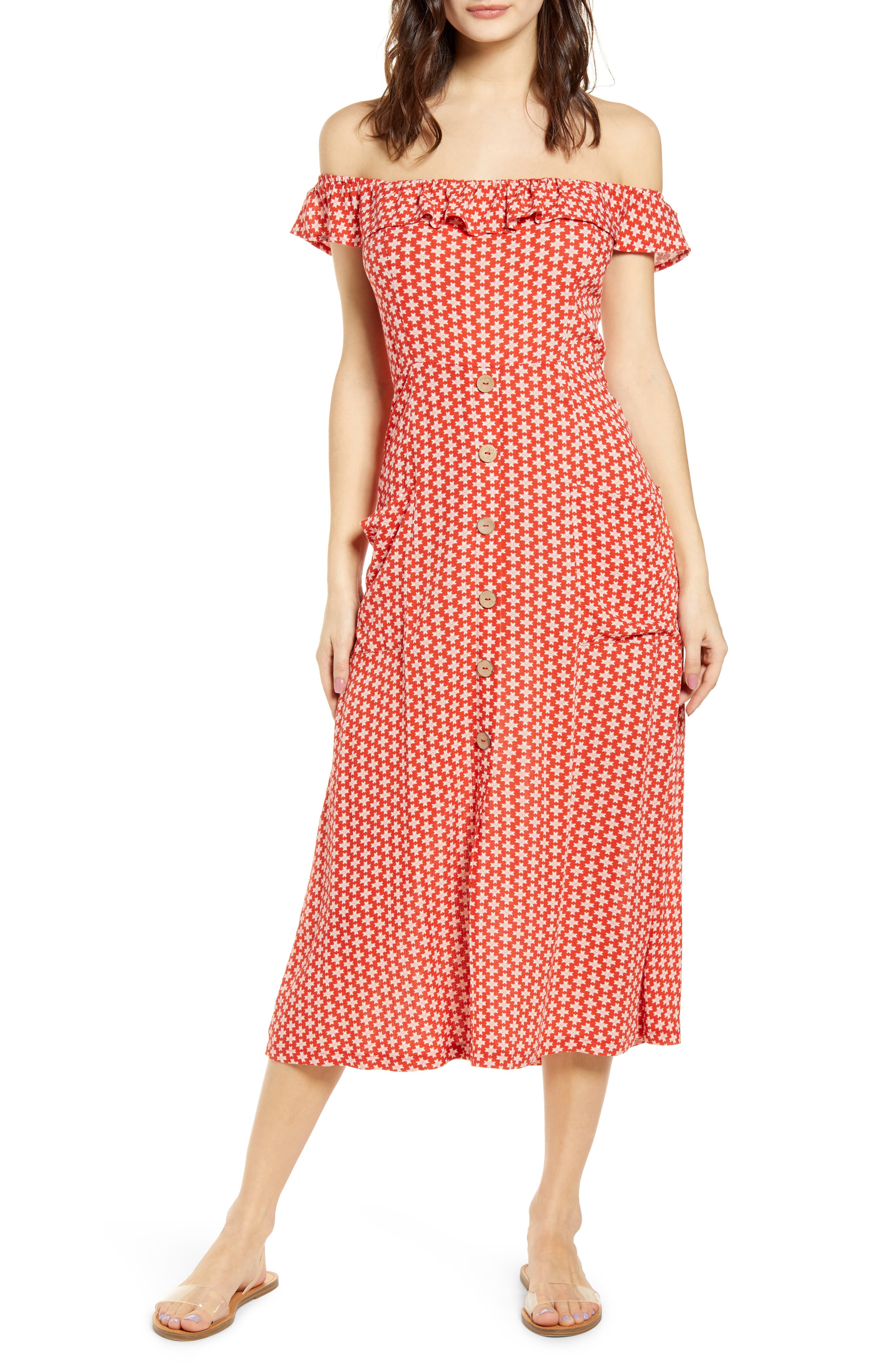All In Favor Off The Shoulder Linen Blend Midi Dress, Orange