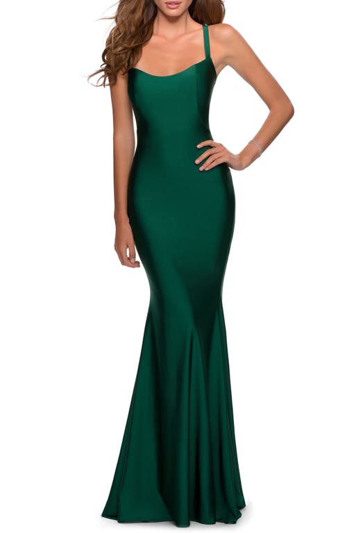 Lace Up Back Jersey Mermaid Gown in Emerald