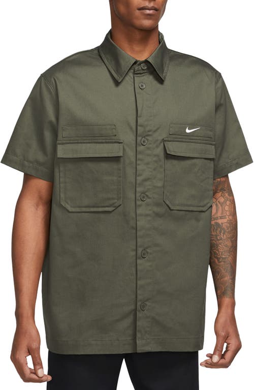 Shop Nike Woven Military Short-sleeve Button-down Shirt In Cargo Khaki/white