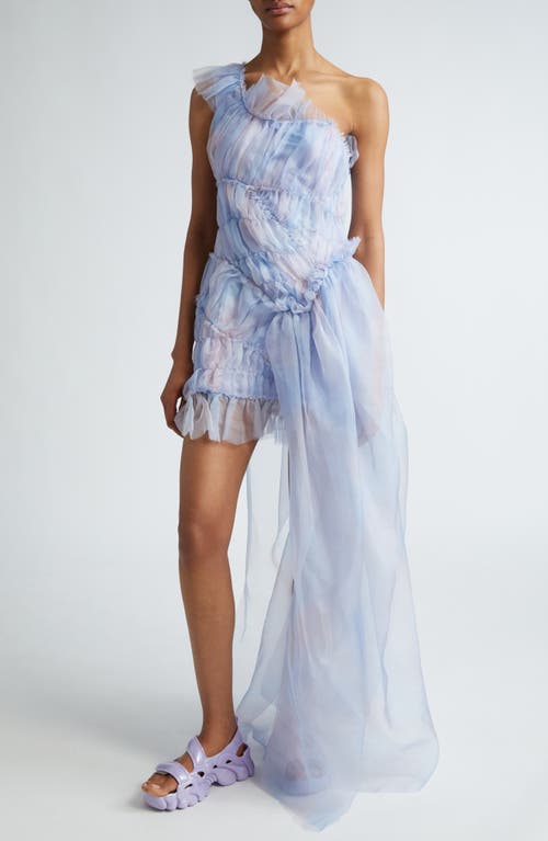 Jazelle One-Shoulder Silk Tulle Minidress in Periwinkle Plaid
