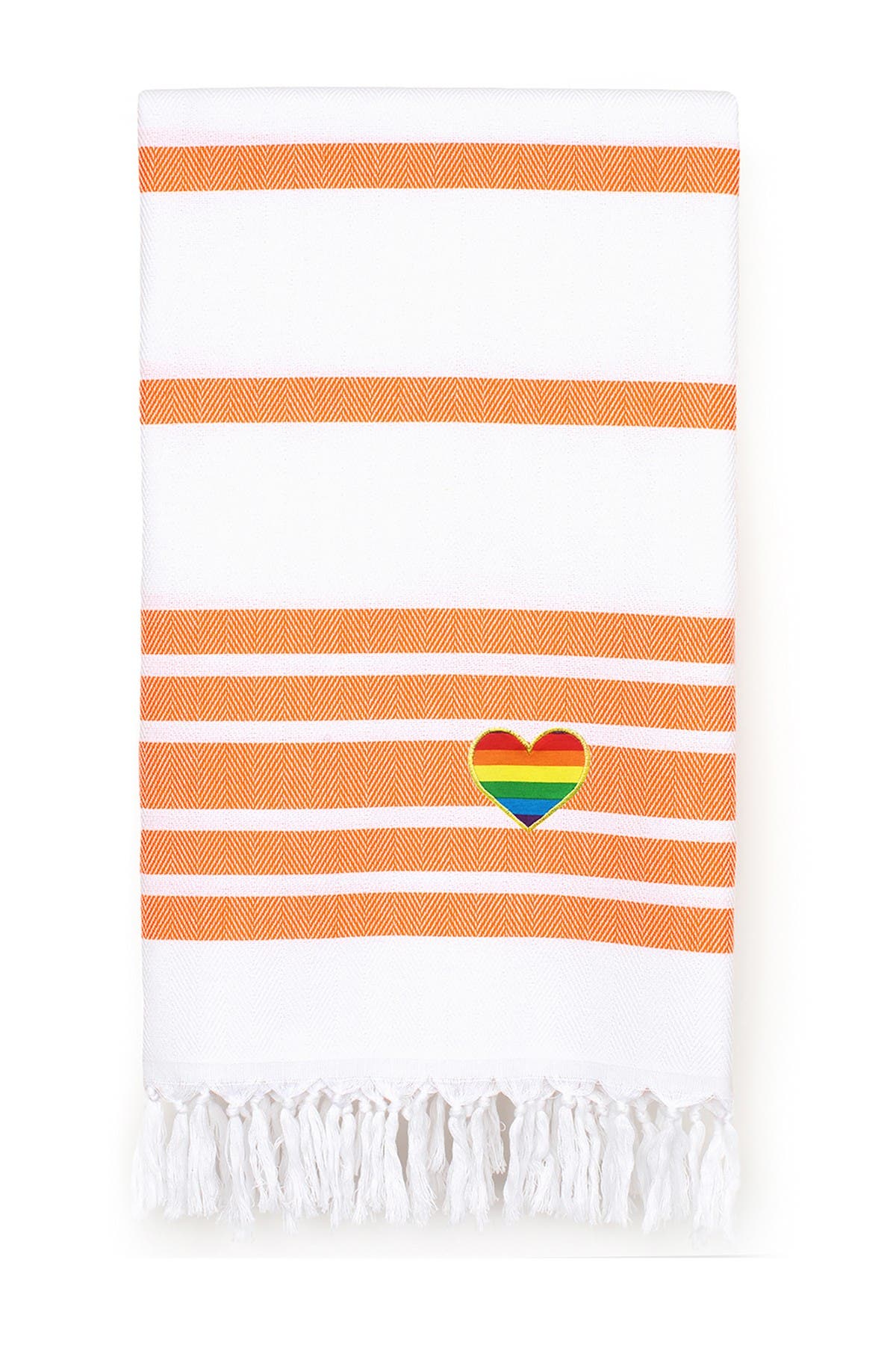 Linum Home 100% Turkish Cotton Herringbone Cheerful Rainbow Heart Pestemal Beach Towel In Orange / White