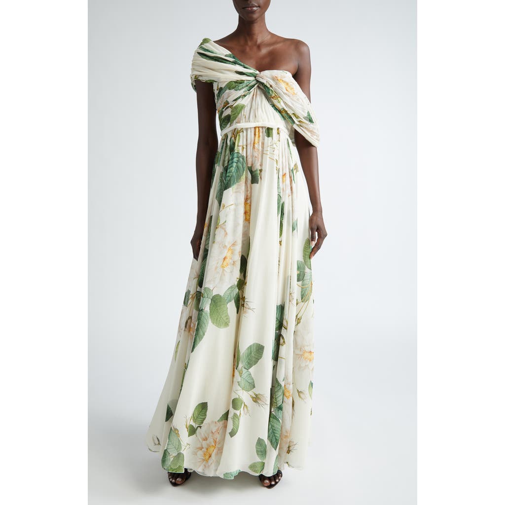 Giambattista Valli Floral Draped One-shoulder Silk Gown In Ivory/green
