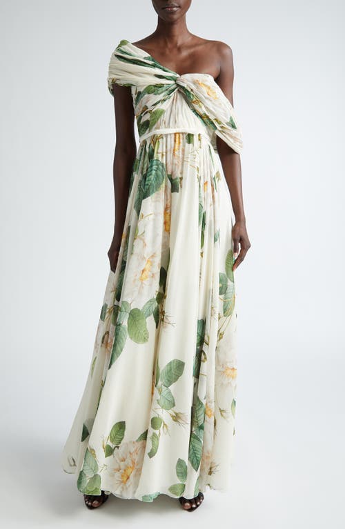 Floral Draped One-Shoulder Silk Gown in Ivory/Green