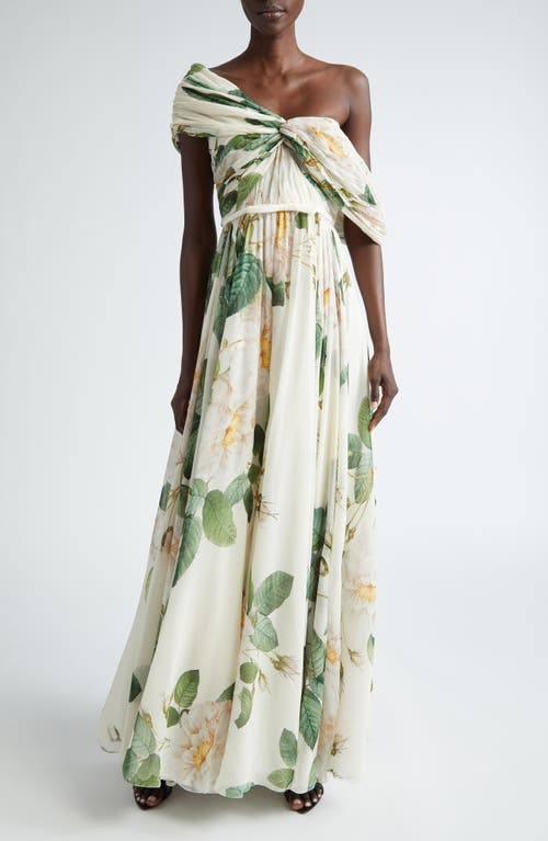 Giambattista Valli Floral Draped One-Shoulder Silk Gown in Ivory/Green at Nordstrom, Size 2 Us