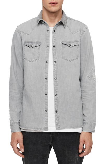 Click to view more detailed imagery on our partner's website Allsaints Giro Slim Fit Distressed Cotton Snap Front Shirt In Grey