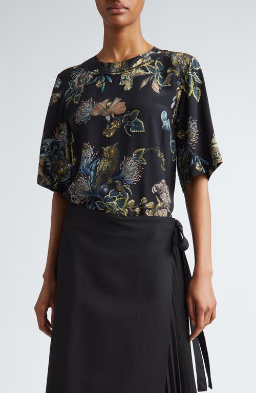 Floral Forest Print Silk Top in Black/Multi