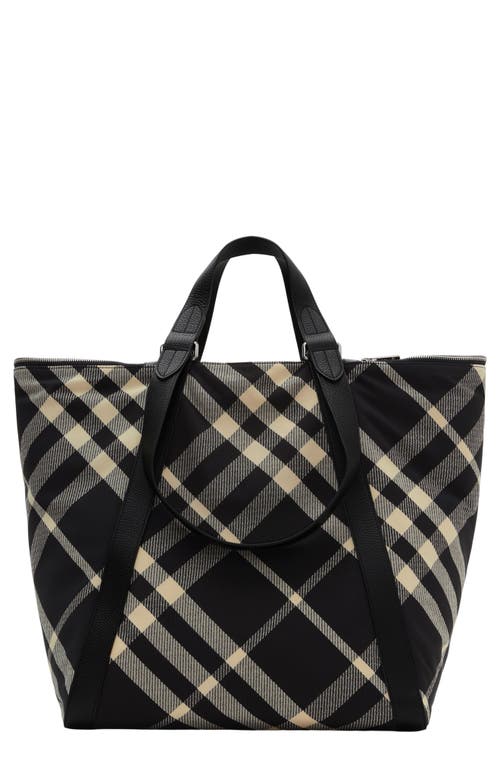 Shop Burberry Festival Jacquard Check Canvas Tote In Black/calico