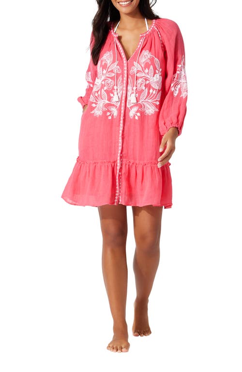 Tommy Bahama Long Sleeve Embroidered Linen Gauze Cover-Up Dress Coral Coast at Nordstrom,