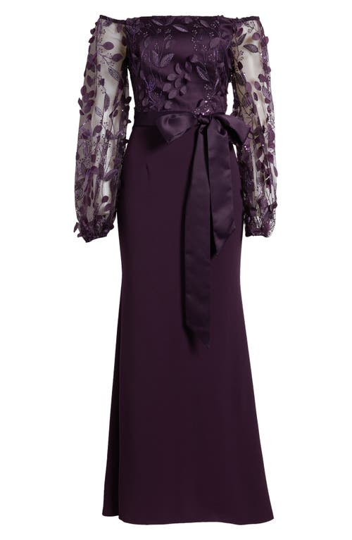 Eliza J Petite Floating Petals Embellished Off-the-shoulder Gown In Plum