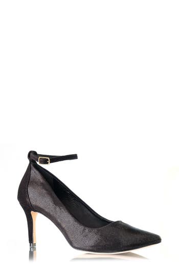Joan Oloff Destiny Ankle Strap Pump In Black Cosmo/black Kid Suede
