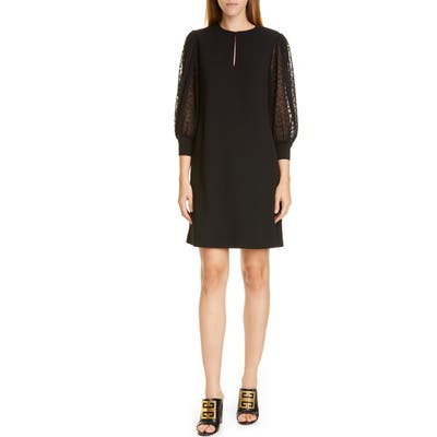 Givenchy Pleated Lace Sleeve Wool A-Line Dress, 8 FR - Black