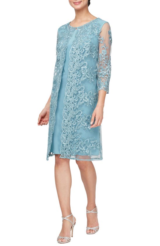 Shop Alex Evenings Embroidered Three-quarter Sleeve Shift Dress In Vintage Teal