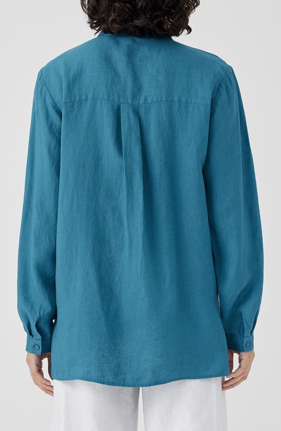 Shop Eileen Fisher Classic Long Sleeve Organic Linen Button-up Shirt In River