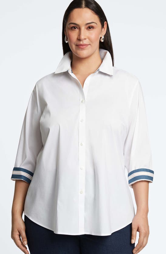 Shop Foxcroft Margie Mix Stripe Detail Cotton Blend Sateen Button-up Shirt In White