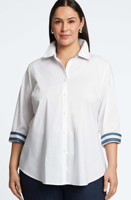 Foxcroft Margie Mix Stripe Detail Cotton Blend Sateen Button-up Shirt In White
