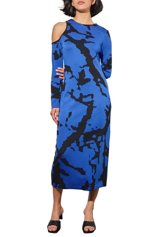 Shop Ming Wang Cold Shoulder Long Sleeve Midi Sweater Dress In Gentian Blue/black