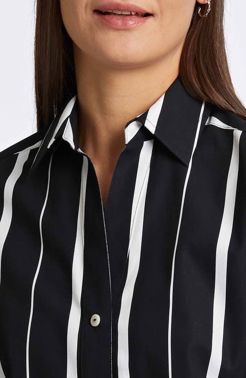 Foxcroft Paityn Stripe Three-quarter Sleeve Cotton Button-up Shirt In Black/white