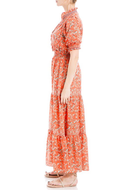 Shop Max Studio Ruffle Collar Print Tiered Maxi Dress In Papaya/leafy Cherry Blossoms