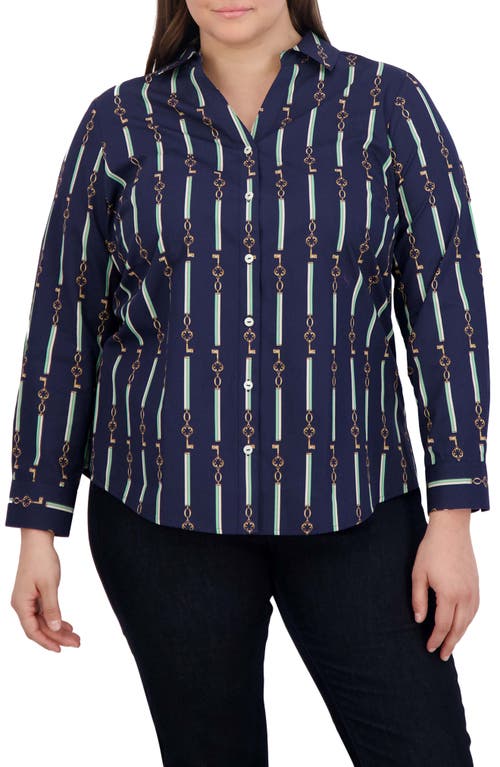Foxcroft Mary Key Stripe Cotton Button-Up Shirt Navy Multi at Nordstrom,