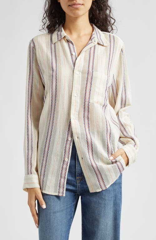 Sofia Long Sleeve Burnout Lace Button-Up Shirt in Okeeffe Stripe