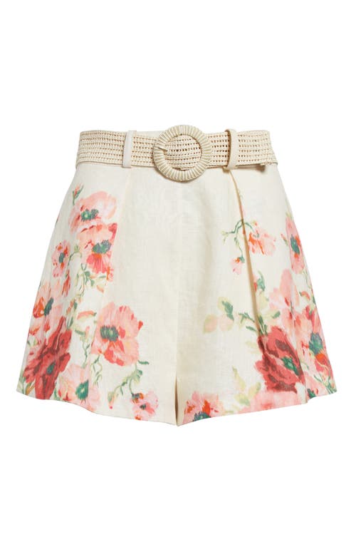 Shop Zimmermann Lightburst Floral Belted Linen Shorts In Cream/red Floral