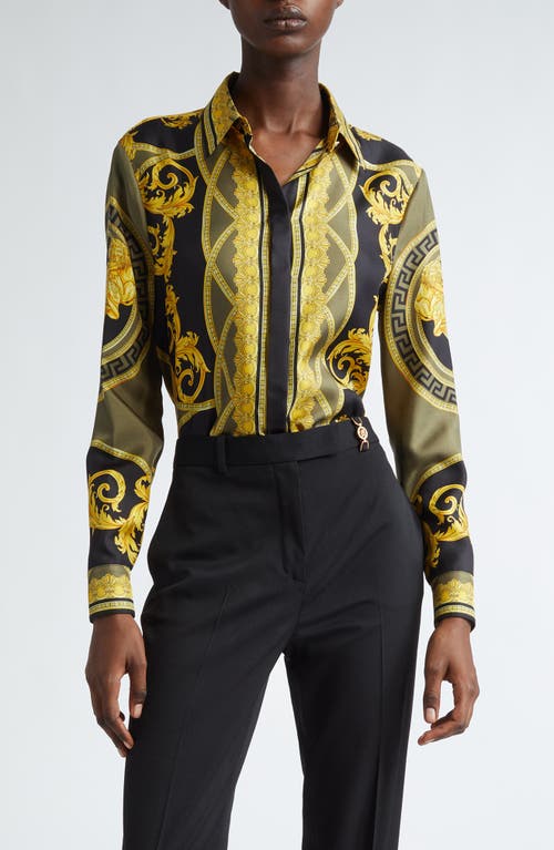 Shop Versace Barocco Print Silk Satin Button-up Shirt In Black Dark Olive Gold