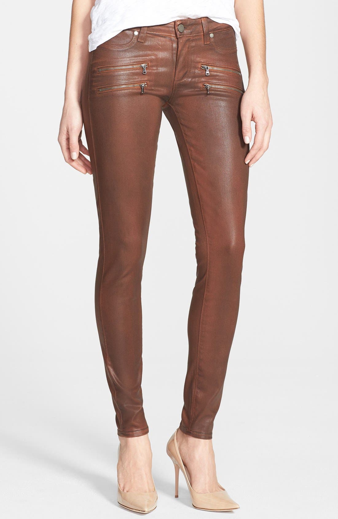 Paige Denim 'Edgemont' Zip Detail Coated Ultra Skinny Jeans (Saddle