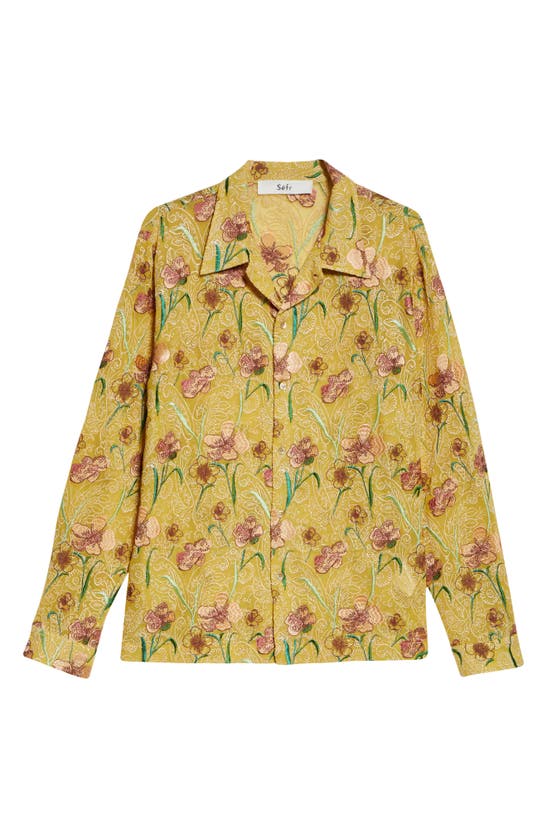 Shop Séfr Ripley Floral Embroidered Long Sleeve Camp Shirt In Yellow