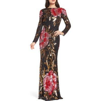 MAC Duggal Drape Back Floral Sequin Gown, Black
