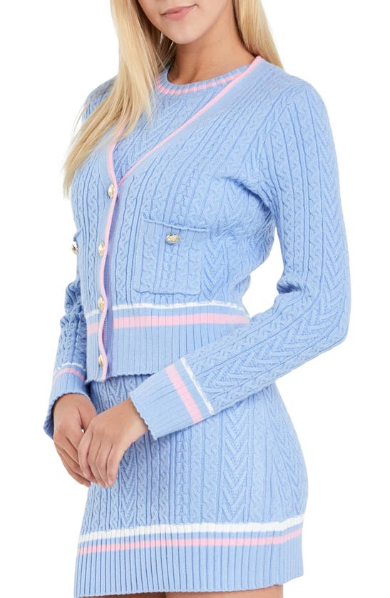 Shop English Factory Stripe Trim Cable Knit Cardigan In Powder Blue