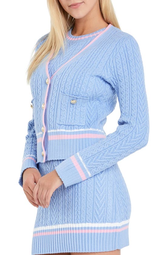 English Factory Stripe Trim Cable Knit Cardigan In Powder Blue