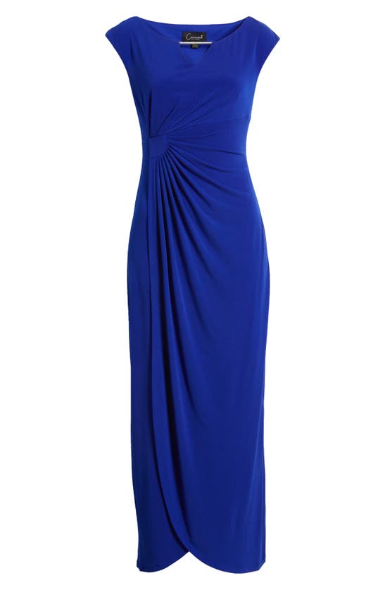 Shop Connected Apparel Crystal Notch Side Ruched Gown In Deep Cobalt