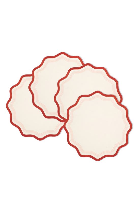 Misette Set Of 4 Embroidered Linen Placemats In Color Block - Rust/ Pink