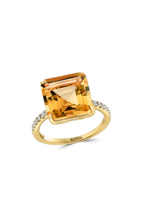 14K Yellow Gold Citrine & Pavé Diamond Ring - Size 7