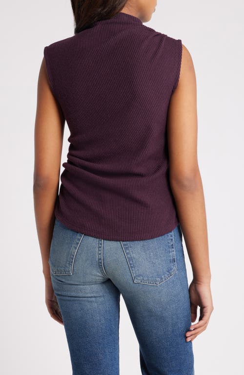 Wit & Wisdom Asymmetric Ruched Sleeveless Mock Neck Knit Top In Heather Concord Grape