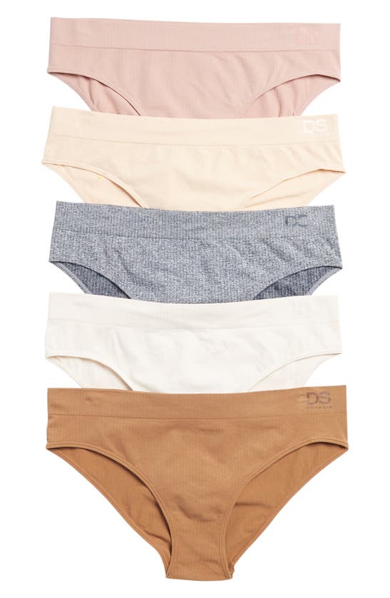 Danskin 5-pack Flat Rib Bikini Briefs In Brown/ Grey/ Pastel Multi