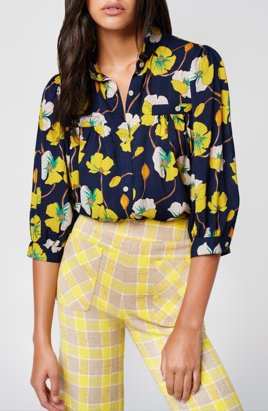 Shop Smythe Shirred Pocket Floral Button-up Shirt In Navy Buttercup