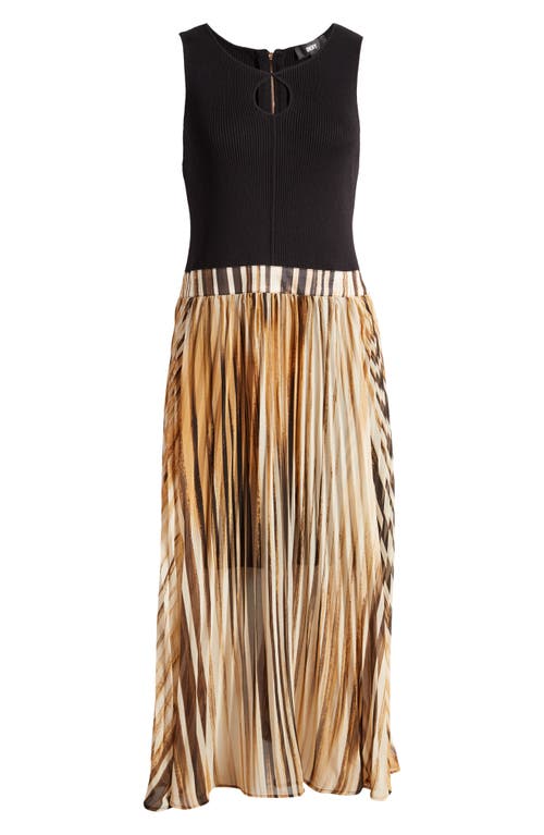 Shop Dkny Mixed Media Sleeveless Midi Dress In Black/vertical Stripe Panel